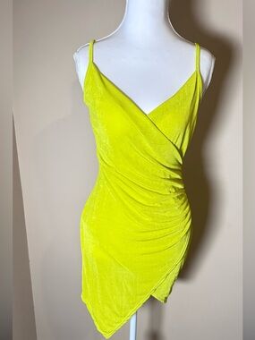 Neon Yellow V-Neck Wrap Mini Dress